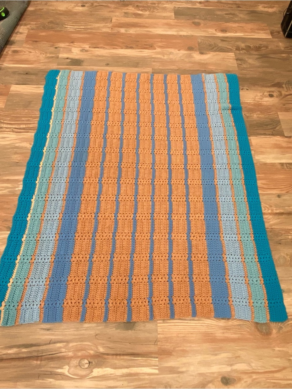 Handmade Crochet Throw Blanket in Teal, Orange, and Light Blue 48x58 Vintage
